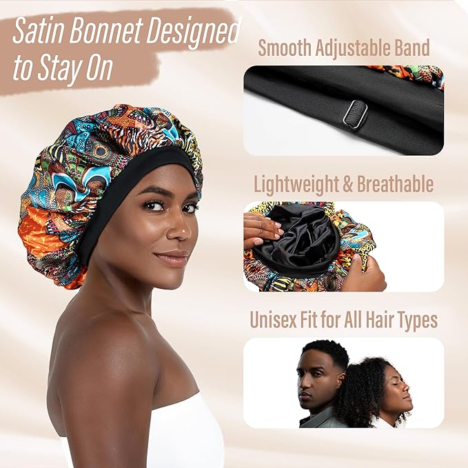 CAPLORD Double Sided Satin Bonnet for Sleeping - Adjustable Silk Sleep Cap for Women and Men