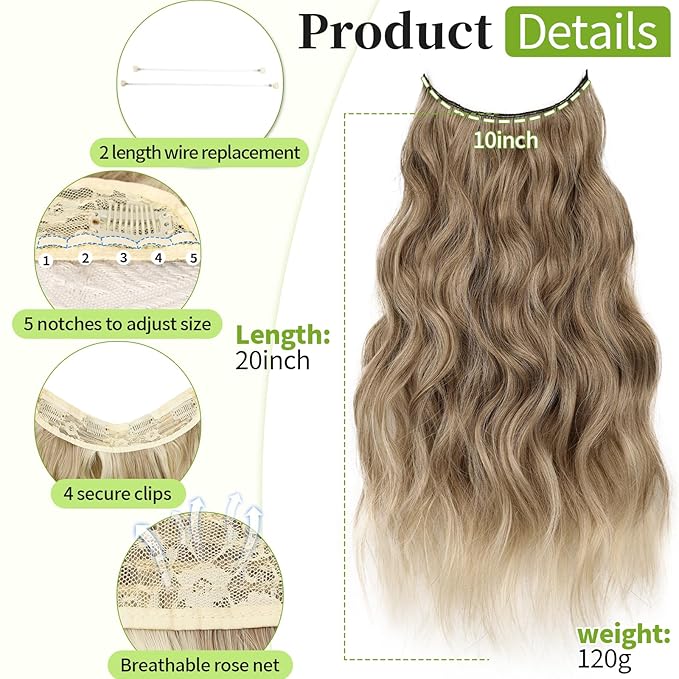 KooKaStyle Invisible Wire Hair Extensions with Transparent Wire Adjustable Size 4 Secure Clips Long Wavy Secret Synthetic Hairpiece 20 Inch for Women(Ash Brown mix Bleach Blonde)