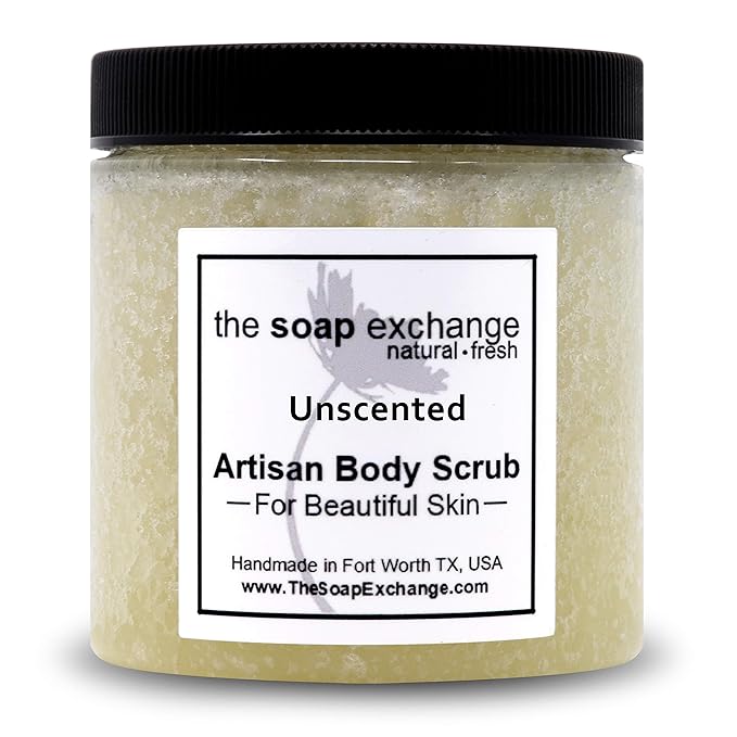 The Soap Exchange Sugar Body Scrub - Unscented Fragrance Free - Hand Crafted 8 fl oz / 240 ml Natural Artisan Skin Care, Shea Butter, Exfoliate, Moisturize, & Protect. Made in the USA.