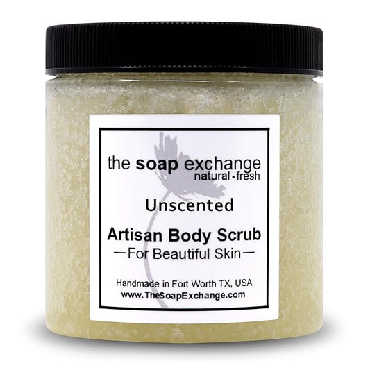 The Soap Exchange Sugar Body Scrub - Unscented Fragrance Free - Hand Crafted 16 fl oz / 480 ml Natural Artisan Skin Care, Shea Butter, Exfoliate, Moisturize, & Protect. Made in the USA.