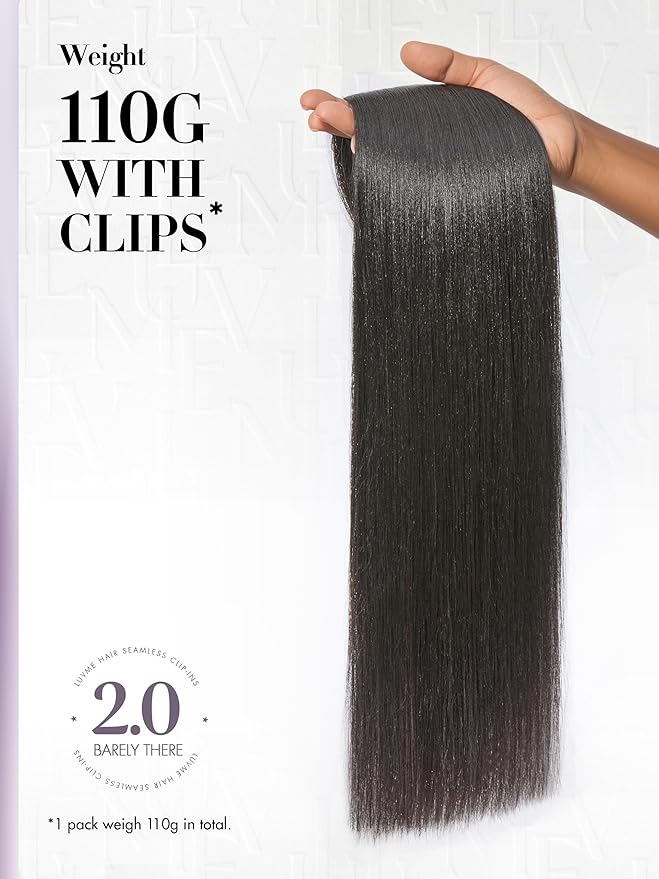 LUVME Invisible Clip in Hair Extensions, Yaki Straight Real Human Hair Remy Hair Clip ins for Women, Natural Human Hair, 16 inch 110g 6Pcs, Natural Black