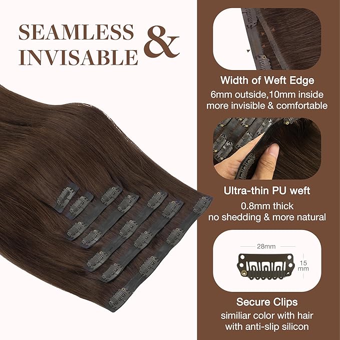 GOO GOO Clip in Hair Extensions Real Human Hair, Remy Human Hair Extensions Clip ins for Women, Natural Human Hair, 24inch 140g 7Pcs, #4A Chocolate Brown