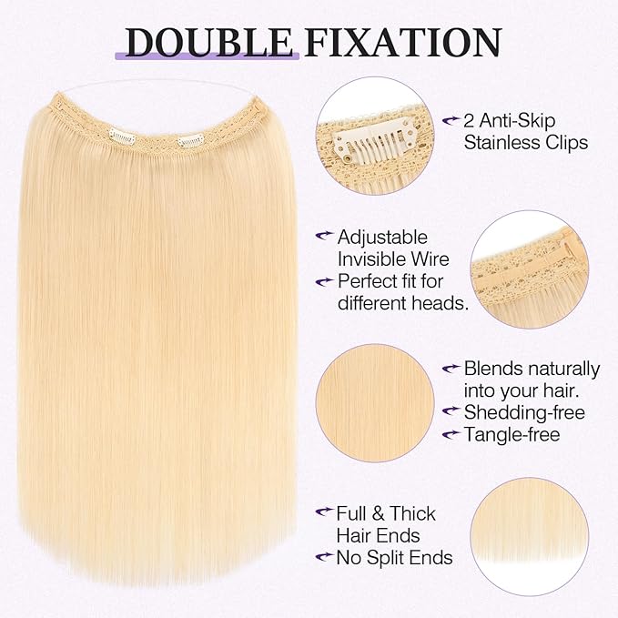 Halo Hair Extensions Real Human Hair,Halo Hair Extension 100% Human Hair, Wire Hair Extensions,Straight 60 Platinum Blonde 12inch/55g