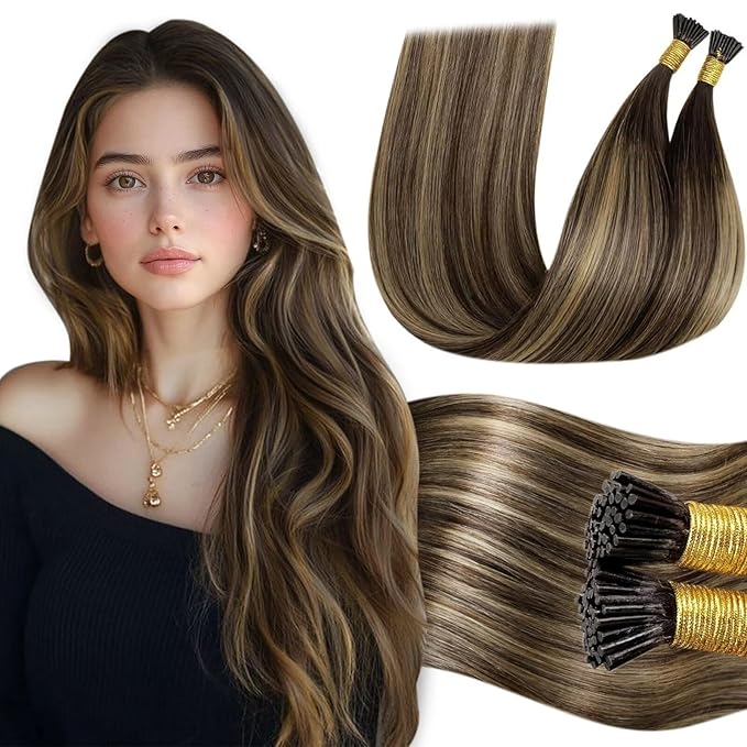 LaaVoo I Tips Hair Extensions Real Human Hair Balayage Dark Brown to Caramel Brown Itip Hair Extensions Seamless I Tip Human Hair Extension Silky Straight Hair 24inch 100g 100s