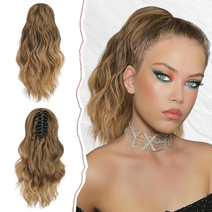 SOFEIYAN 14" Ponytail Extension, Short Wavy Claw Clip in Ponytail Hair Extension Synthetic Hairpieces Golden Brown to Ash Brown Layered Natural Fluffy Curly Drawstring Ponytail Hair Piece for Women