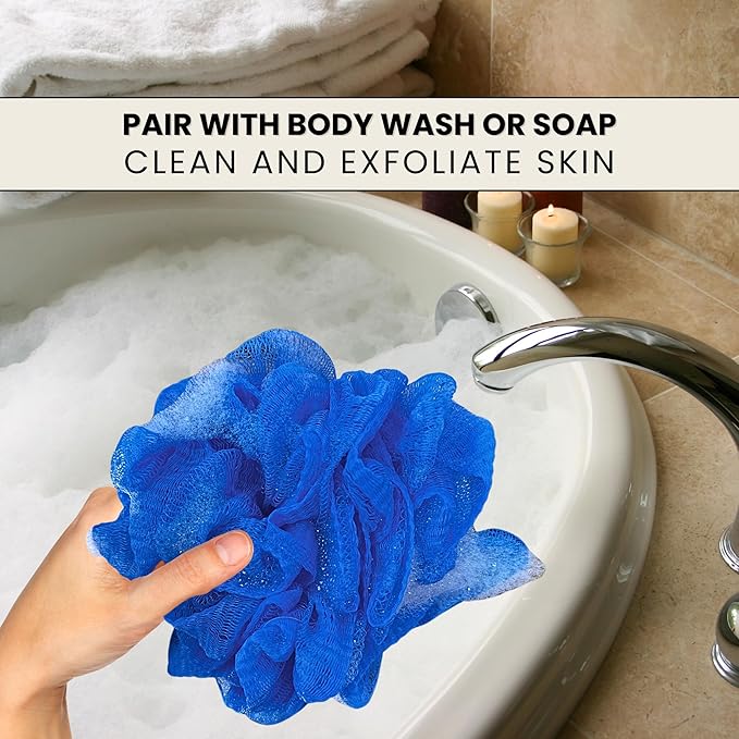 Large Blue Bath Sponge Pack of 3 – Gentle Exfoliation Loofahs with Suction Cup, 70G Mesh Poufs for All Skin Types, Lather for Daily Use