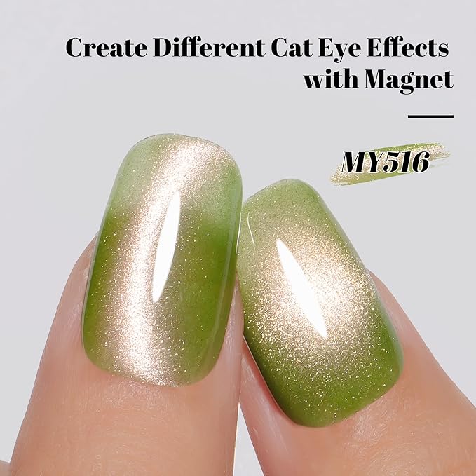 YTD Likomey Cat Eye Gel Nail Polish,Crystal 15ml Guava Green Pink Magnetic Shimmer Shimmer Glitter Jelly Shiny Salon Home Fall Winter UV Nail Varnish with Magnet Stick,HEMA Free TPO Free,MY516