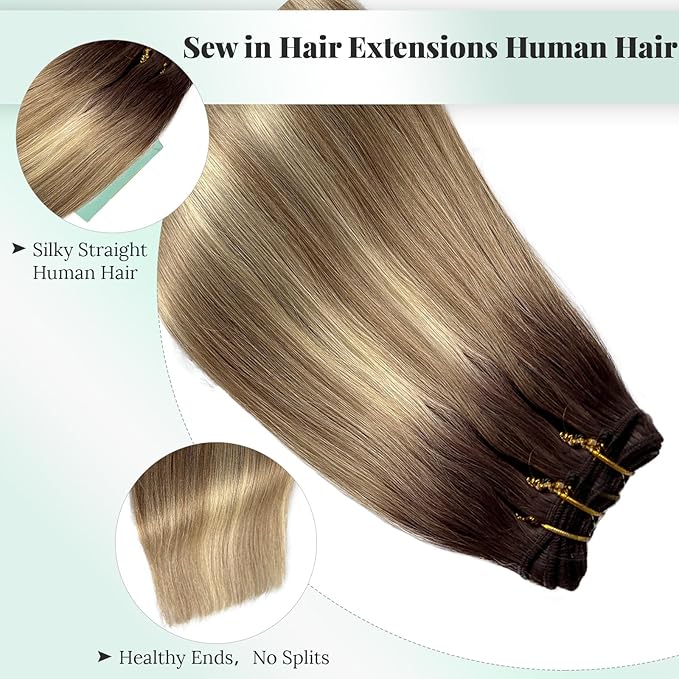 Balayage Weft Human Hair Extensions Sew in Soft Straight Light Blonde Highlighted Ash Brown Weft Extensions Real Human Hair Balayage Brown and Blonde Sew in Bundles 20 Inch 100G