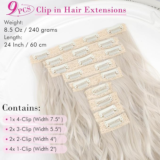 Hair Extensions, REECHO 9PCS Clip in Hair Extensions 24" Thick Long Mini Mermaid Wave Luxurious Lightweight Japanese Technology HYOUITSU Fiber Invisible Soft Lace Weft - HE009 Platinum Blonde
