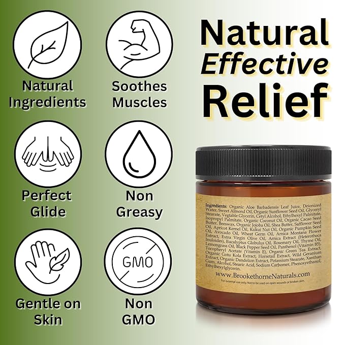 Relief Arnica Cream – Enriched with Lemongrass, Eucalyptus & Rosemary Essential Oils – All Natural Massage Lotion for Sore Muscles & Stiffness. Perfect for Massage Therapy by Brookethorne Naturals