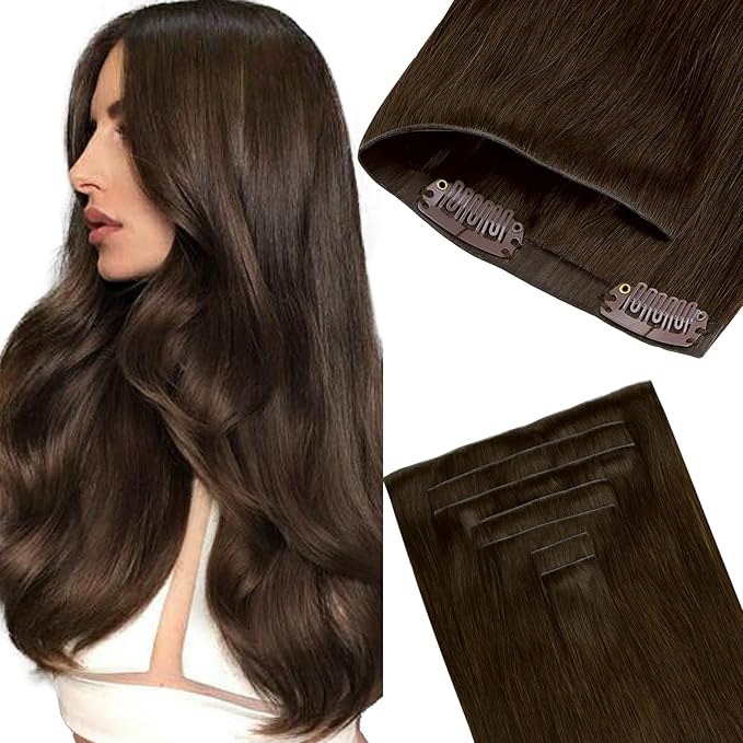 GOO GOO Invisi Edge Clip in Hair Extensions 20inch 110g 7Pcs Injected Seamless PU Clip in Hair Extensions, Virgin Real Human Hair, 4A Chocolate Brown