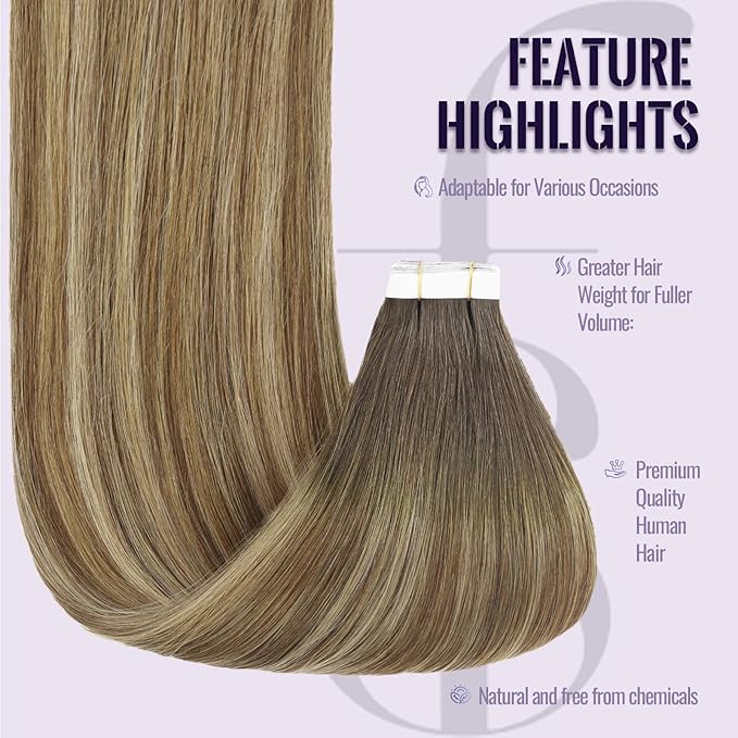 Fshine Tape in Hair Extensions Ombre Darkest Brown Fading to Brown and Caramel Blonde 14 Inch Soft Remy Tape in Extensions Human Hair for Women 20 pcs 50 g,Designed to Boost Volume & Length