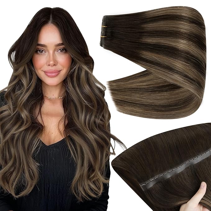 Full Shine Butterfly Weft Hair Extensions Human Hair Color Dark Brown To Light Brown Genius Weft Human Hair Extensions 24 Inch Double Size Hole Weft Extensions For Women 100 Grams