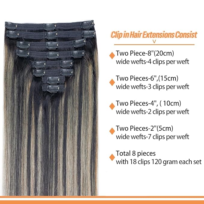 FB27 Balayage Clip In Hair Extensions Real Human Hair Straight Ombre Clip In Black to Blonde Human Hair Extensions Highlight Clip ins Remy Hair for Women 8Pcs with 18Clips Lace Weft 120g 20inch