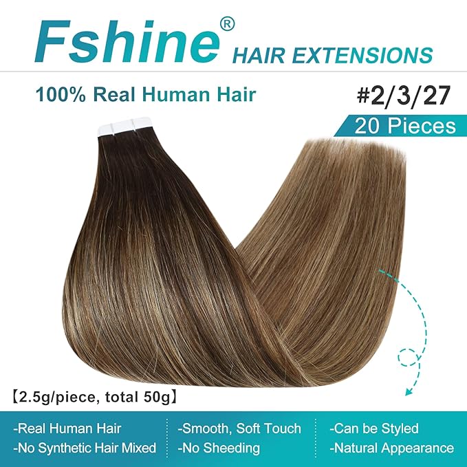 Fshine Tape in Hair Extensions Remy Human Hair,Balayage Medium Brown with Platinum Blonde, 12 Inch 30 g, Silky Straight with Thick Ends,Designed to Boost Volume & Length