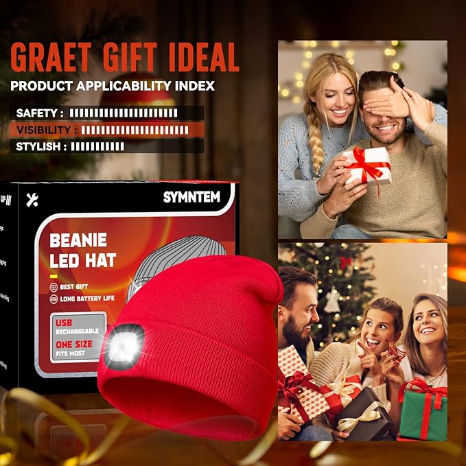 Unisex Beanie Hat with Light, Rechargeable Headlight Cap, Stocking Stuffers for Men, Cool Gadget Gifts for Him, Birthday Gifts for Women, Gifts for Him, Red
