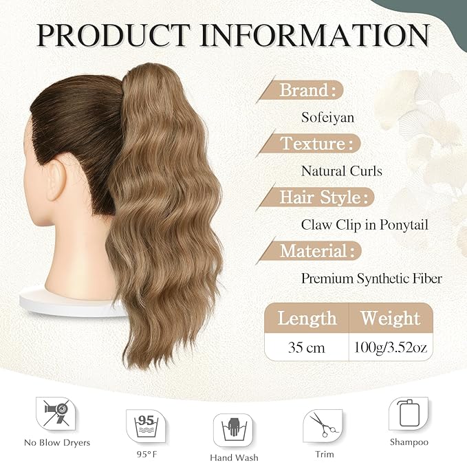 SOFEIYAN 14" Ponytail Extension, Short Wavy Claw Clip in Ponytail Hair Extension Synthetic Hairpieces Black/Chestnut Brown Mix Layered Natural Fluffy Curly Drawstring Ponytail Hair Piece for Women