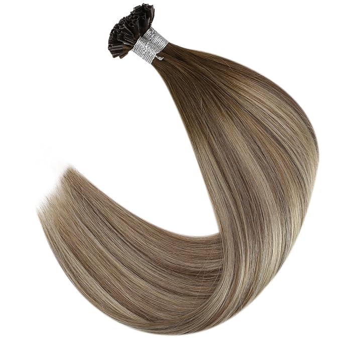 Full Shine U Tip Hair Extensions Real Human Hair 18 Inch Ktip Human Hair Extensions Balayage Color 3 Fading to 8 Ash Brown and 22 Blonde Fusion Extensions 50 Grams Pre Bonded Remy Hair for Wedding