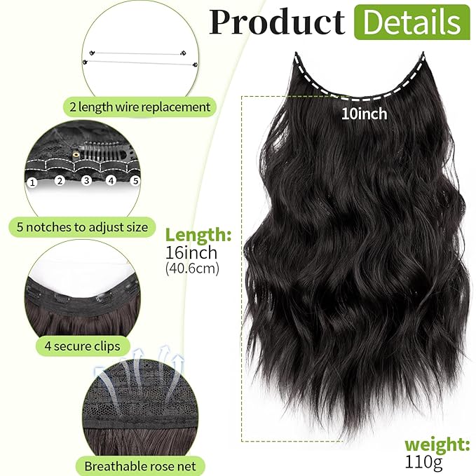 KooKaStyle Invisible Wire Hair Extensions with Transparent Headband Adjustable Size 4 Secure Clips Long Wavy Secret Wire Synthetic Hairpiece Rich Dark Brown with Warm Tones/6# 16 Inch for Women