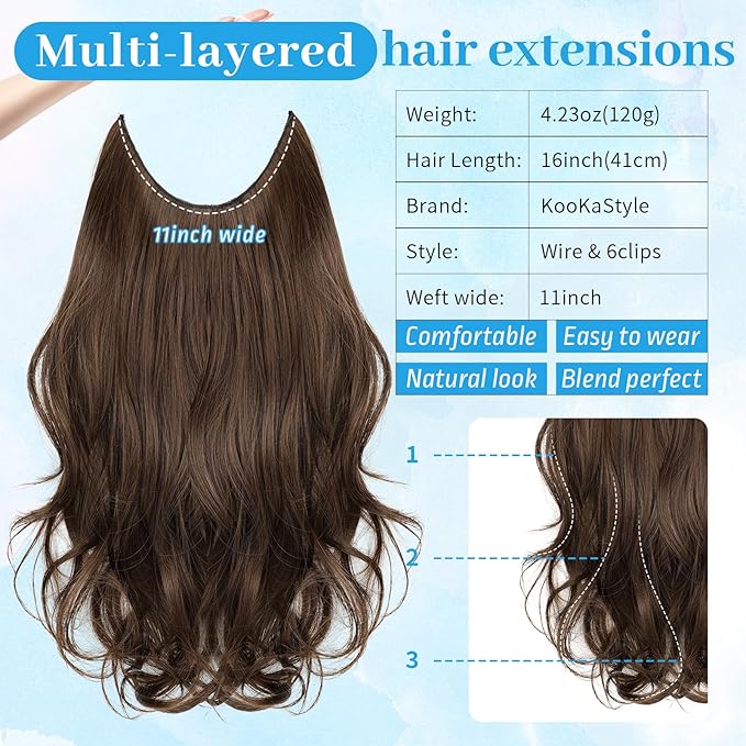 KooKaStyle Invisible Wire Hair Extensions Long Straight Layered Synthetic with Transparent Wire Adjustable Size 6 Secure Clips Hairpieces for Women 16 Inch (16Inch, Medium Brown6/10#)