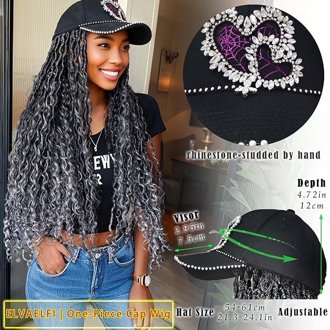 26" Boho Goddess River Locs Crochet Hair Extensions Gradient Grey, Shine Heart Baseball Cap Wigs for Women