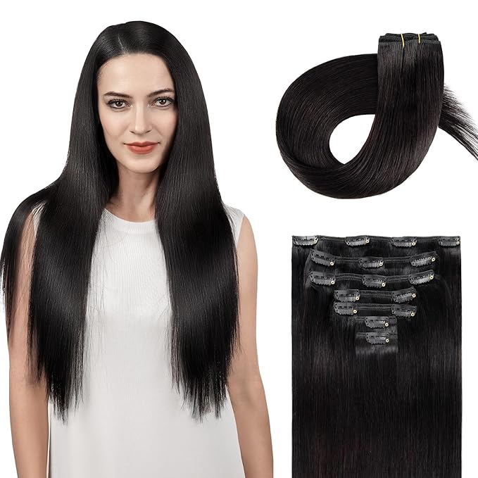 Clip in Hair Extensions Real Human Hair, Remy Hair Clip in Extensions Human Hair, Natural Black 100% Human Hair Extensions for Women #1B 22Inch 120G 7PCS