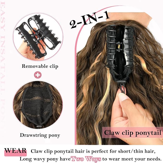 ENBEAUTIFUL 30" Claw Clip Ponytail Extension Long Wavy Ponytail Extension Synthetic Pony Tails Hair Extensions Clip in Synthetic Hair pieces for Women