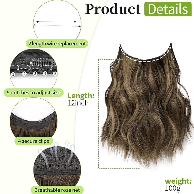 KooKaStyle Invisible Wire Hair Extensions with Transparent Headband Adjustable Size 4 Secure Clips Long Wavy Highlight Hairpiece 12 Inch Balayage Chocolate Brown to Caramel Blonde for Women