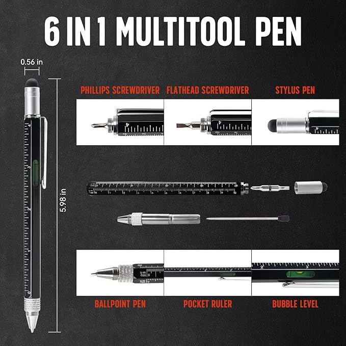 Gifts for Dad, Magnetic Pickup Tool, 6-in-1 Multitool Pen,Includes Touch Screen Stylus, Rulers, Bubble Level, Screwdrivers, Ballpoint Pen, Christmas Gifts Stocking Stuffers for Men, Black