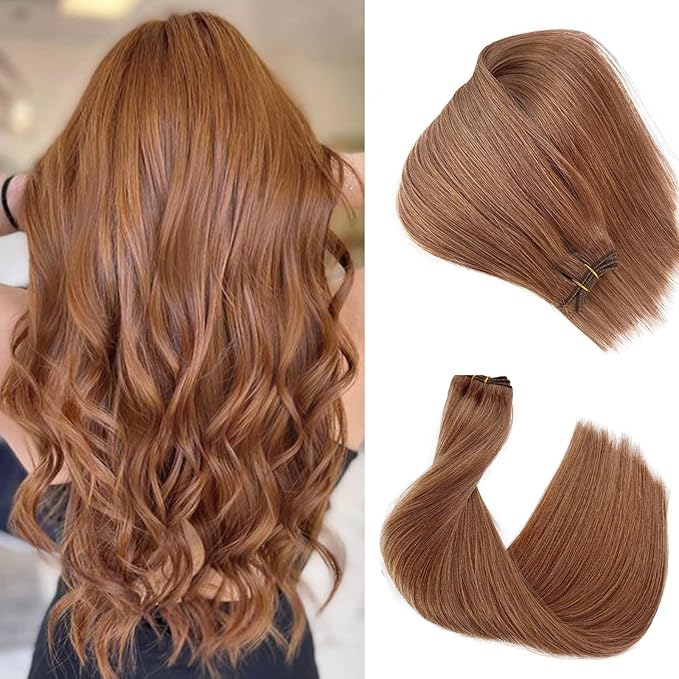 Auburn Brown Weft Hair Extensions Bundles 16 Inch 100G Hand Tied Hair Extensions Real Human Hair Weave Sew in Double Weft Silky Straight #30 Auburn Human Hair Weft Bundles
