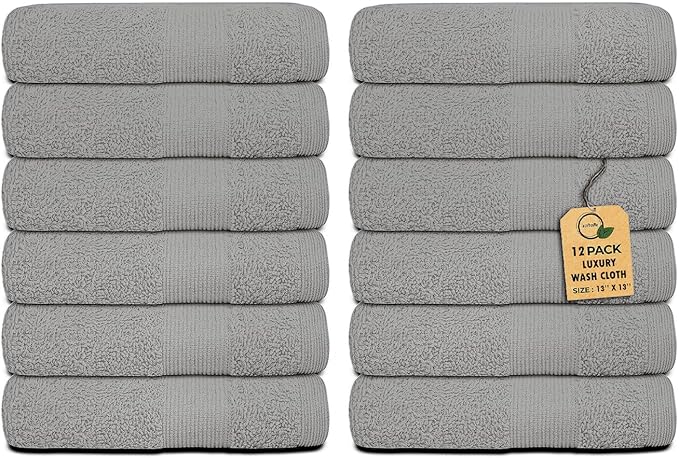 Premium Wash Cloths Pack of 12 (13" x 13") 100% Ring Spun Cotton | Luxury Washcloths | Ultra Soft Face Towels | Highly Absorbent Wash Cloths for face (Silver Grey)