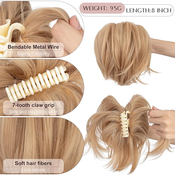 Claw Clip Short Ponytail Hair Extensions Messy Bun Hair Piece Pony Tails Hair Extensions with Bendable Metal Wire Hair Pieces DIY Style 8 Inch 24 Mousy blonde