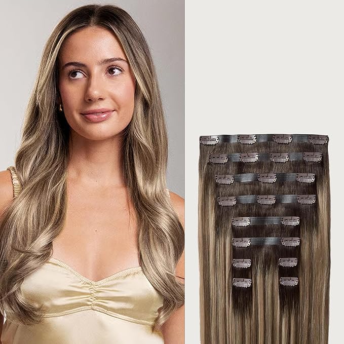 Luxy 100% Remy Human Hair - Seamless Clip-In Hair Extensions - Multi-Dimensional Color for Natural Blending, Adds Volume & Length 160 grams 16" Dimensional Rooted Light Bronde