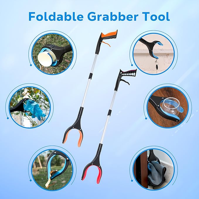 Grabber Reacher Tool - 32” Extra Long Foldable Gripper and Reaching Tool - Heavy Duty Pick Up Stick Grabbers for Seniors, Trash, Surgery Recovery Must Haves Gifts (Orange*2pc)