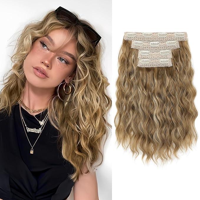 REECHO Clip in Hair Extensions, 4PCS Hair Extensions 14" Short Wavy Invisible Lace Weft Natural Soft Hairpieces for Women – Light Brown with Blonde Highlights