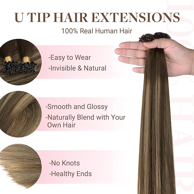 GOO GOO U Tip Hair Extensions Real Human Hair, Double Volume 100g 100S, 22 Inch Hot Fusion U Tip Extensions, Invisible Remy Hair, 4/27/4 Balayage Chocolate Brown to Caramel Blonde