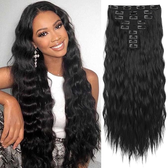 Hair Extensions, REECHO 9PCS Clip in Hair Extensions 24" Thick Long Mini Mermaid Wave Luxurious Lightweight Japanese Technology HYOUITSU Fiber Invisible Soft Lace Weft - HE009 Black