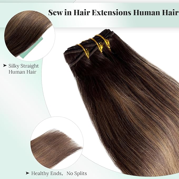 Hand Tied Weft Hair Extensions Human Hair Dark Brown with Light Brown Double Weft Sew in Hair Extensions Human Hair 14 Inch 80G Thick Full Balayage Highlight Real Hair Wefts for Women