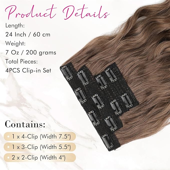 REECHO Clip in Hair Extensions, 4PCS Hair Extensions 24" Thick Long Beach Waves hair extensions HE003 Invisible Lace Weft Natural Soft Hairpieces for Women (Ginger Brown)