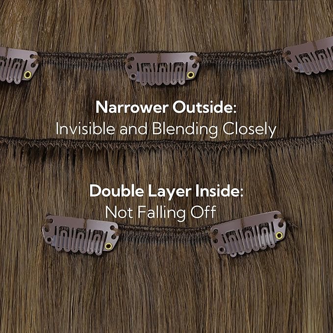 HOTBANANA Clip in Hair Extensions Real Human Hair, 135g 9pcs 14 inch Chocolate Brown with Honey Blonde Straight Remy Clip in Extensions Full Head for Women