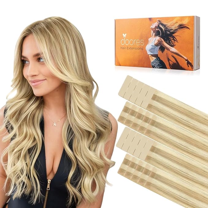 DOORES Invisi Edge Human Hair Extensions Tape in, Light Blonde Highlighted Golden Blonde 10 Injection Tape-ins with 10 Classic Tape-ins 50g 14 Inch, Injection Tape in Virgin Human Hair