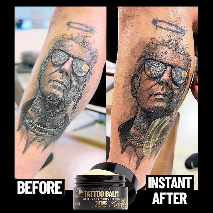 Derm Dude Tattoo Aftercare Brightening Balm | Moisturizing Balm to Heal Protect & Rejuvenate New & Existing Tattoos | Non-Greasy Formula with Dragon's Blood, Shea Butter & St John's Wort, Citrus 2oz