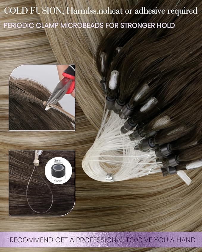 LaaVoo MicroLink Hair Extension Human Hair Balayage Micro Hair Extensions Human Hair Brown Faded to Ash Brown Highlights Micro Beads Extensions Cold Fusion 16 In 50g 50s