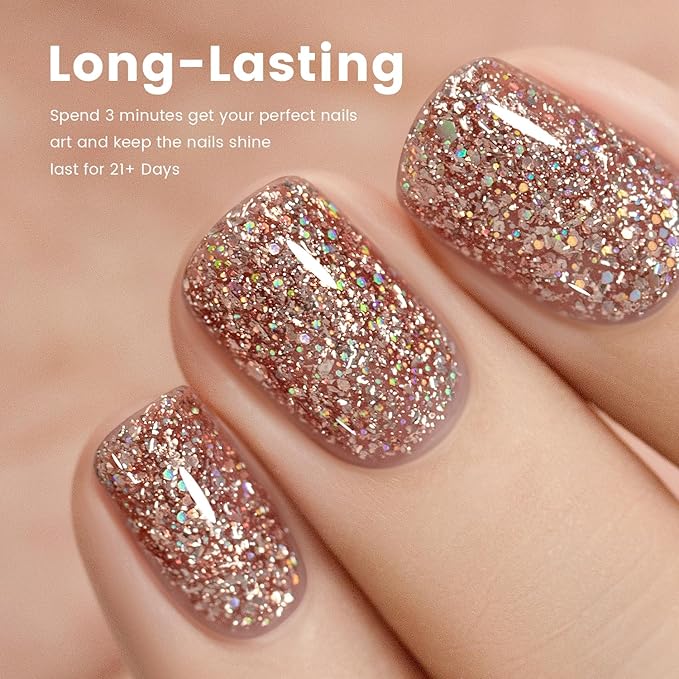 RARJSM Pink Glitter Gel Nail Polish Metallic Pink Diamond Gel Polish Sparkly Chunky Iridescent Rainbow Platinum Pigments Nail Gelpolish Soak off L e d U V Curing Required for Nail Art Salon Manicure