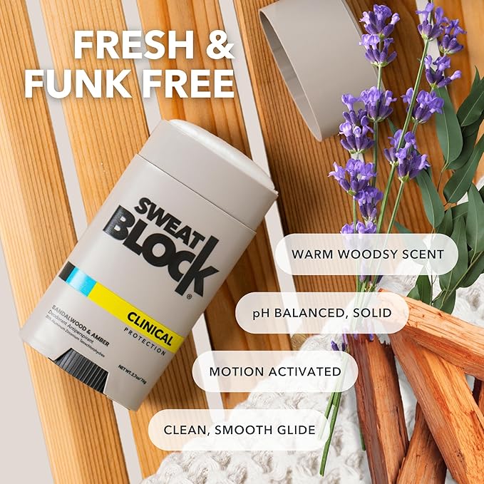 SweatBlock Antiperspirant Deodorant System | MAXIMUM CLINICAL STRENGTH for Men & Women | Hyperhidrosis Aid for up to 7 Days Sweat Control | Roll On 1.2 fl oz + Sandalwood & Amber Deo Stick 2.7oz