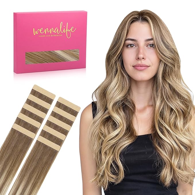 WENNALIFE Tape in Hair Extensions Human Hair Balayage Dirty Blonde with Platinum Ends Tape in Extensions, 10pcs 25g 14 inch Remy Invisible Tape Ins Straight Colored Soft Refill Set