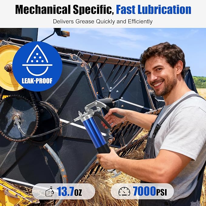 Heavy Duty Grease Gun Kit, 8000 PSI Pistol Grip Grease Gun, 14 oz Capacity, Includes case, 11&18 Inch Resin Flex Hose, 2 Basic Coupler, 1 Double Handle Coupler and more accessories for grease uses