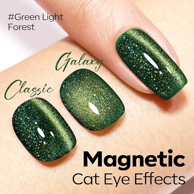 modelones Cat Eye Gel Nail Polish Green Gel Nail Polish Sparkle Reflective Shimmer Glitter Green Christmas Polish 9D with Magnetic Soak Off LED Nail Art DIY 15 ML