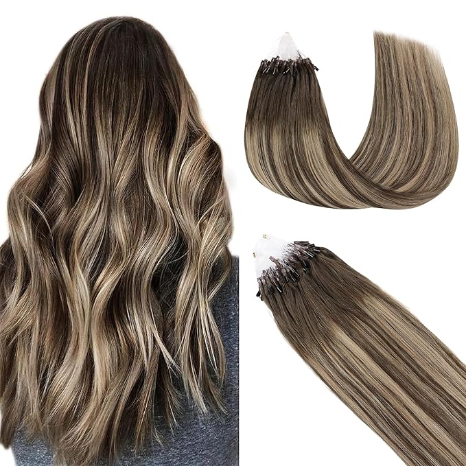 GOO GOO Micro Link Tip Hair Extensions Real Human Hair, 22inch 50g 50S, Cold Fusion Micro Link Tip Hair Extensions, Invisible Remy Hair Extensions, 4/26/4 Balayage Chocolate Brown to Honey Blonde