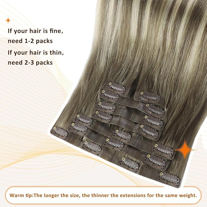 Full Shine Balayage Clip in Hair Extensions 22 Inch Ash Brown to Platinum Blonde Seamless Hair Extensions Clip in Long Hair for Women 8 PCS 120 G
